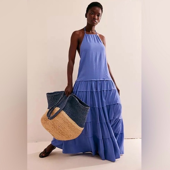 Free People Free-est Somewhere Sunny Drop Cotton Waist Maxi Dress in Blue Size M - Picture 3 of 10